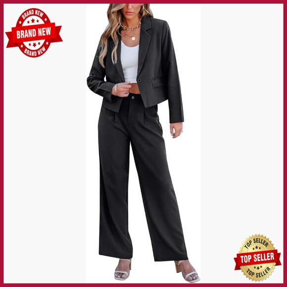 Cropped Blazer Wide Leg Pants Suit Set Business Casual Office Work